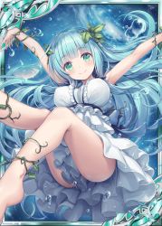 Rule 34 | 1girl, akkijin, anklet, ass, blue hair, bracelet, breasts, clothes between thighs, dress, gaia (shinkai no valkyrie), galaxy, green eyes, hair ornament, happy, jewelry, large breasts, leaf, long hair, official art, open mouth, shinkai no valkyrie, smile, solo, water drop, white dress