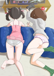 Rule 34 | 2girls, anger vein, ass, barefoot, black hair, brown hair, clenched hand, clothes lift, controller, creatures (company), dress, dress lift, earrings, facing away, from behind, game controller, game freak, gloria (pokemon), green socks, grey hoodie, grey panties, highres, holding, holding controller, holding game controller, hood, hoodie, jewelry, lying, marnie (pokemon), microsd (pibo), multiple girls, musical note, nintendo, no pants, on stomach, panties, pink dress, playing games, pokemon, pokemon swsh, short dress, short hair, short twintails, socks, spoken musical note, striped clothes, striped panties, stud earrings, super smash bros., television, twintails, underwear, video game