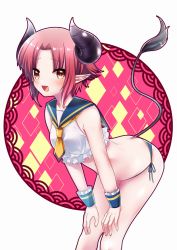 Rule 34 | 1girl, blush, breasts, collarbone, cow tail, horns, large breasts, leaning forward, looking at viewer, necktie, original, parted lips, pink hair, pointy ears, short hair, sleeveless, smile, solo, tail, tsunoshima kujira, wrist cuffs, yellow eyes, yellow necktie