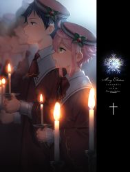 Rule 34 | 10s, 2boys, ahoge, alternate costume, ascot, bad id, bad pixiv id, blue hair, blurry, bokeh, brown hair, candle, candlelight, candlestand, choir, christmas, church, cross, cross print, depth of field, ensemble stars!, fire, flipped hair, formal, from side, funamushi (fnms), glowing, glowing eyes, green eyes, hat, highres, himemiya tori, holding, holly, indoors, lace, lace-trimmed sleeves, lace trim, light, lineup, long sleeves, male focus, merry christmas, multiple boys, music, musical note, open mouth, pink hair, profile, purple eyes, quaver, robe, sidelocks, singing, snowflakes, star (symbol), swept bangs, uniform, wide sleeves