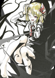 Rule 34 | 1girl, bad id, bad pixiv id, barefoot, blonde hair, blush, cibo (killy), hair ribbon, hands on own head, open mouth, red eyes, ribbon, rumia, short hair, solo, tears, touhou, wince