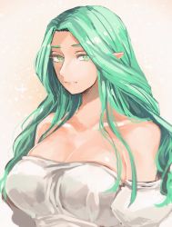 Rule 34 | 1girl, bare shoulders, breasts, cleavage, closed mouth, collarbone, dress, female focus, fire emblem, fire emblem: three houses, green eyes, green hair, highres, large breasts, long hair, looking at viewer, matching hair/eyes, nintendo, off-shoulder dress, off shoulder, pointy ears, portrait, rhea (fire emblem), simple background, smile, solo, tnmrdgr, white background, white dress