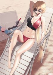 Rule 34 | 1girl, alcohol, arm behind head, artist name, barefoot, beach, beach chair, bikini, blonde hair, bottle, breasts, cup, drinking glass, eyebrows, feet, full body, girls&#039; frontline, highres, jewelry, legs, long hair, looking at viewer, looking over eyewear, multicolored clothes, no shoes, ots-14 (girls&#039; frontline), ponytail, reclining, ring, saturndxy, small breasts, solo, sunglasses, swimsuit, tinted eyewear, wedding ring, wine, wine bottle, wine glass, yellow eyes