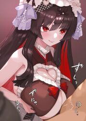 Rule 34 | 1boy, 1girl, black hair, blush, breasts, cleavage, cleavage cutout, clothed female nude male, clothed paizuri, clothing cutout, colored inner hair, dot nose, eyelashes, hair ribbon, heart cutout, hetero, highres, huge breasts, indie virtual youtuber, jigokumachi rinse, large breasts, long hair, mikasayaki, motion lines, multicolored hair, nude, paizuri, paizuri under clothes, pale skin, perpendicular paizuri, red eyes, red hair, ribbon, shiny skin, shortstack, smile, underboob, virtual youtuber