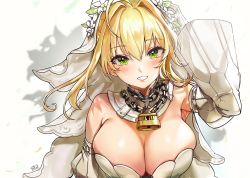 Rule 34 | 1girl, ahoge, alracoco, arm up, armpits, bare shoulders, blonde hair, blush, breasts, bridal veil, chain, closed eyes, commentary request, detached collar, detached sleeves, fate/grand order, fate (series), flower, gloves, green eyes, hair flower, hair intakes, hair ornament, large breasts, lock, long hair, long sleeves, looking at viewer, nero claudius (bride) (fate), nero claudius (bride) (second ascension) (fate), nero claudius (fate), nero claudius (fate) (all), padlock, parted lips, short hair, sidelocks, signature, smile, solo, strapless, upper body, veil, white background, white gloves