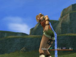 Rule 34 | 1girl, 3d, animated, animated gif, ass, blonde hair, blue sky, cloud, final fantasy, final fantasy x, from behind, green shorts, hand on own ass, health bar, looping animation, outdoors, rikku (ff10), shorts, sky, solo, spanking, spanking self, standing