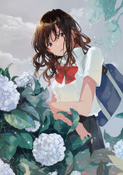Rule 34 | 1girl, bag, brown eyes, brown hair, cloud, cloudy sky, crossed arms, day, flower, fly 333, hydrangea, long hair, looking at viewer, open mouth, original, ribbon, school bag, school uniform, sky, solo, wet, wet clothes