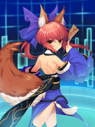 Rule 34 | 10s, 1girl, animal ears, back, bare shoulders, bow, detached sleeves, fate/extra, fate (series), fox ears, fox tail, hair bow, hair ribbon, japanese clothes, looking at viewer, looking back, pink hair, ribbon, solo, tail, tamamo no mae (fate/extra), tangamja, thighhighs, twintails, yellow eyes
