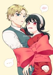 Rule 34 | 1boy, 1girl, artist name, black hair, blonde hair, blush, bow, dress, green vest, hairband, highres, husband and wife, lem sang, long hair, long sleeves, necktie, open mouth, red dress, red eyes, red necktie, red sweater, shirt, short hair, spy x family, sweater, twilight (spy x family), twitter username, vest, white shirt, yellow background, yor briar