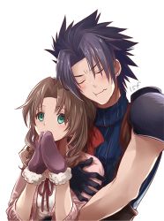 Rule 34 | 1boy, 1girl, aerith gainsborough, black hair, brown hair, closed mouth, commentary request, crisis core final fantasy vii, closed eyes, final fantasy, final fantasy vii, gloves, green eyes, long hair, sasanomesi, simple background, spiked hair, white background, zack fair