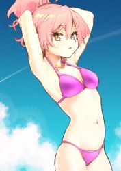 Rule 34 | 1girl, armpits, arms up, bikini, blue sky, breasts, cloud, commentary request, contrail, cowboy shot, day, halterneck, highres, holding, holding hair, idolmaster, idolmaster cinderella girls, jougasaki mika, long hair, medium breasts, navel, outdoors, pink bikini, pink hair, ponytail, sky, solo, string bikini, sumi (oyasumie), swimsuit, yellow eyes
