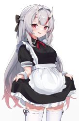 Rule 34 | 1girl, :d, absurdres, alternate costume, apron, blush, braid, breasts, commentary request, cowboy shot, enmaided, fang, french braid, highres, hitachi sou, hololive, horns, long hair, looking at viewer, maid, multicolored hair, nakiri ayame, open mouth, red eyes, red hair, silver hair, simple background, skin fang, skirt hold, small breasts, smile, solo, standing, streaked hair, thighhighs, virtual youtuber, waist apron, white background, white thighhighs, wrist cuffs, zettai ryouiki