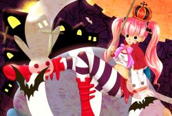 Rule 34 | 1girl, agyo, belt, black stripes, capelet, cross, crown, ghost, halloween, highres, kumacy, long sleeves, one piece, pantyhose, patterned legwear, perona, pink hair, sitting, skirt, striped clothes, striped pantyhose, twintails, two-tone stripes, umbrella, white stripes