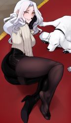 Rule 34 | 1girl, black gloves, black skirt, boots, carmilla (fate), dog, earrings, fate/grand order, fate (series), feet, gloves, hand on own cheek, hand on own face, high heel boots, high heels, highres, jewelry, long hair, looking at viewer, miniskirt, on floor, pantyhose, parted lips, scathegrapes, shoe soles, shoes, single shoe, skirt, smile, soles, sweater, tagme, thigh boots, thighhighs, thighhighs under boots, toes, white hair, white sweater, yellow eyes