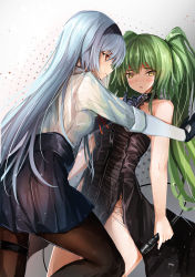 Rule 34 | 2girls, arm support, bare shoulders, belt buckle, black dress, black gloves, black hairband, black legwear, black skirt, blush, breasts, buckle, choker, dress, girls&#039; frontline, gloves, gradient background, green hair, grey background, haguruma c, hair between eyes, hairband, highres, holding, holding microphone, long hair, long skirt, long sleeves, looking at another, looking at viewer, m950a (concert diva!) (girls&#039; frontline), m950a (girls&#039; frontline), microphone, miniskirt, multiple girls, official alternate costume, pantyhose, parted lips, pleated skirt, ponytail, red eyes, ribbon, shirt, side ponytail, silver hair, simple background, skirt, sleeveless, sleeveless dress, striped clothes, striped shirt, thunder (girls&#039; frontline), very long hair, white shirt, yellow eyes, yuri