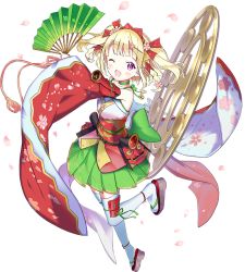 Rule 34 | 1girl, ;d, blonde hair, blush, bow, choker, detached sleeves, flat chest, flower, full body, green choker, green skirt, hair bow, hair flower, hair ornament, hand fan, hand up, japanese clothes, leg ribbon, looking at viewer, official art, omi hachiman (oshiro project), one eye closed, open mouth, oshiro project:re, oshiro project:re, paper fan, purple eyes, rassie s, ribbon, sandals, short twintails, skirt, smile, standing, standing on one leg, thighhighs, transparent background, twintails, watermark, white thighhighs, wide sleeves