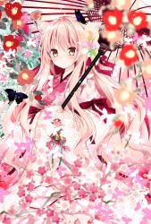 Rule 34 | 1girl, animal ears, blonde hair, brown eyes, bug, butterfly, butterfly on head, camellia, cat ears, cherry blossoms, expressionless, flower, hair flower, hair ornament, bug, japanese clothes, kimono, long hair, long sleeves, looking at viewer, nanase kureha, nanase nao, obi, oil-paper umbrella, original, sash, solo, umbrella, very long hair, wide sleeves