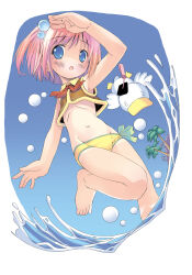 Rule 34 | 1girl, absurdres, ah-kun, arm up, barefoot, bikini, bird, blue eyes, blush, duck, flat chest, highres, looking at viewer, moetan, navel, nijihara ink, one side up, open mouth, palm tree, pink hair, pop (electromagneticwave), short hair, solo, swimsuit, thighs, tree, water