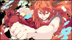 Rule 34 | 1girl, alcohol, black border, border, clenched hands, commentary request, cup, daruia (sabitare), fangs, floral background, foreshortening, graphite (medium), grin, hair between eyes, horns, ibuki suika, looking at viewer, mechanical pencil, open mouth, orange hair, pencil, punching, red eyes, red neckwear, rope, sakazuki, sake, sleeveless, smile, solo, spilling, teeth, torn clothes, torn sleeves, touhou, traditional media, upper body, wavy hair