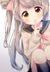 Rule 34 | 10s, 1girl, bad id, bad pixiv id, blush, bow, bowtie, brown eyes, dutch angle, finger to mouth, grey hair, hair bow, long hair, long sleeves, looking at viewer, love live!, love live! school idol project, minami kotori, one side up, pink bow, pink bowtie, pochio xxx, school uniform, serafuku, shushing, smile, solo, squatting