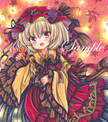 Rule 34 | 1girl, :d, adapted costume, aki minoriko, apron, autumn leaves, black dress, blonde hair, blush, bow, bowtie, brown bow, brown bowtie, brown dress, cowboy shot, dot nose, dress, fireflies, food, food on head, frilled apron, frilled dress, frilled shirt collar, frilled sleeves, frills, fruit, fruit hat ornament, fruit on head, grapes, hair between eyes, hand up, hat, hat bow, holding, holding leaf, lace-trimmed apron, lace trim, leaf, leaf background, long sleeves, looking at viewer, marker (medium), medium hair, mob cap, multicolored clothes, multicolored dress, object on head, open mouth, red apron, red background, red eyes, red hat, red ribbon, ribbon, rui (sugar3), sample watermark, smile, solo, touhou, traditional media, watermark, wide sleeves, yellow dress