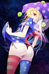 Rule 34 | 1girl, alternate legwear, american flag dress, american flag legwear, ass, black panties, blonde hair, blush, breasts, clothes lift, clownpiece, dress, dress lift, fairy wings, from behind, hat, jester cap, lifting own clothes, long hair, looking at viewer, medium breasts, neck ruff, panties, polka dot, red eyes, short dress, short sleeves, side-tie panties, sky, solo, standing, star (sky), star (symbol), starry sky, striped clothes, striped thighhighs, thighhighs, thong, touhou, underwear, wings, z.o.b