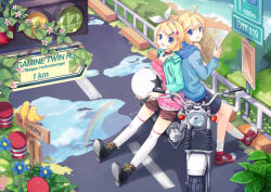 Rule 34 | 1boy, 1girl, ahoge, back-to-back, ball, bird, blonde hair, blue eyes, boots, bow, brother and sister, hair bow, helmet, jacket, jin young-in, kagamine len, kagamine rin, legs, map, motor vehicle, motorcycle, over-kneehighs, puddle, rainbow, shorts, siblings, star (symbol), thighhighs, traffic light, twins, vehicle, vocaloid, water