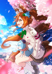 Rule 34 | 1girl, absurdres, animal, animal ears, animal on lap, black footwear, blue sky, blurry, blurry background, blush, bow, bowtie, breasts, brown hair, brown skirt, cloud, cloudy sky, commentary request, falling petals, fang, flower, fox ears, fox tail, fuku kitsune (fuku fox), green bow, green neckwear, hair between eyes, hair flower, hair ornament, hand in pocket, highres, kneehighs, korin (shironeko project), long hair, medium breasts, on lap, open mouth, outdoors, petals, pink flower, ponytail, shironeko project, shoes, skirt, sky, smile, socks, tail, white socks