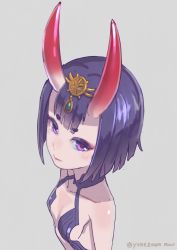 Rule 34 | 1girl, bad id, bad pixiv id, bob cut, eyeshadow, fate/grand order, fate (series), forehead jewel, halterneck, highres, horns, lips, looking at viewer, makeup, purple eyes, purple hair, revealing clothes, short eyebrows, short hair, shuten douji (fate), skin-covered horns, solo, upper body, yonezawa mao