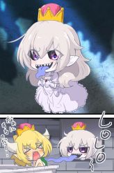 Rule 34 | &gt; &lt;, 2girls, 2koma, :p, aged down, black sclera, blush stickers, bowsette, brooch, child, choker, colored sclera, colored tongue, comic, commentary, covering privates, dress, eyes visible through hair, fangs, flying, frilled choker, frilled dress, frills, frown, ghost pose, gloves, highres, horns, jewelry, jinguu (4839ms), jitome, long dress, long hair, luigi&#039;s mansion, mario (series), multiple girls, new super mario bros. u deluxe, nintendo, nude, open mouth, pale skin, pointy ears, princess king boo, purple eyes, purple tongue, sharp teeth, short sleeves, silver hair, smile, spiked shell, standing, super crown, teeth, tongue, tongue out, translated, turtle shell, white choker, white dress, white gloves, window