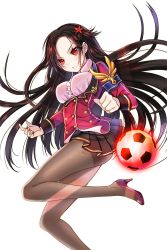 Rule 34 | 1girl, ball, brown hair, choker, earrings, frilled skirt, frills, hair ornament, highres, jewelry, long hair, looking at viewer, nail polish, official art, pantyhose, pink footwear, ratise, red eyes, red nails, sharr (soccer spirits), skirt, soccer ball, soccer spirits, solo, transparent background