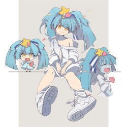 Rule 34 | 10s, 1girl, :d, blue dress, blue hair, brown eyes, chibi, closed eyes, closed mouth, commentary, covering crotch, covering privates, dress, dress shirt, grey background, head tilt, heart, heart in mouth, hoshikawa lily, long sleeves, mitu yang, multiple views, off shoulder, open mouth, shirt, shoe soles, shoes, single bare shoulder, smile, socks, star (symbol), symbol-only commentary, twintails, two-tone background, v-shaped eyebrows, white background, white footwear, white legwear, white shirt, zombie land saga