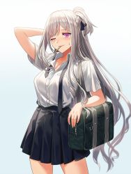 Rule 34 | 1girl, ;), ak-12 (girls&#039; frontline), bag, black necktie, blush, braid, breasts, closed mouth, collarbone, collared shirt, french braid, girls&#039; frontline, half updo, long hair, looking at viewer, medium breasts, mouth hold, necktie, one eye closed, pleated skirt, ponytail, purple eyes, ribbon, school bag, shirt, sidelocks, silence girl, silver hair, skirt, smile, solo, sweatdrop, untied, very long hair, white shirt