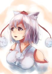 Rule 34 | 1girl, animal ear fluff, animal ears, bad id, bad pixiv id, bare shoulders, breasts, cleavage, collarbone, detached sleeves, hat, highres, inubashiri momiji, inushida (dogsheepsheep), looking away, open mouth, pom pom (clothes), red eyes, short hair, silver hair, sketch, solo, tokin hat, touhou, upper body, wolf ears