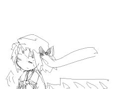 Rule 34 | 1girl, animated, animated gif, ascot, bad id, bad tumblr id, bow, closed eyes, closed mouth, facing viewer, flandre scarlet, floating hair, greyscale, hat, hat bow, jaggy lines, long hair, mob cap, monochrome, negative space, no nose, oekaki, sketch, solo, touhou, tsukumizu yuu, u u, upper body, white background, wind, wing collar, wings
