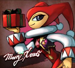 Rule 34 | 1other, androgynous, blue eyes, bodysuit, box, christmas, closed mouth, gift, gift box, hat, holding, hungry clicker, jester, jester cap, long sleeves, looking at viewer, merry christmas, nights (character), nights into dreams, other focus, smile, solo, vest