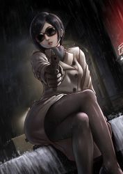 Rule 34 | 1girl, ada wong, aiming, aiming at viewer, artist name, black gloves, black hair, black pantyhose, bob cut, coat, commentary request, crossed legs, finalcake, gloves, gun, handgun, high heels, highres, lips, looking at viewer, pantyhose, pistol, rain, resident evil, resident evil 2, resident evil 2 (remake), short hair, sitting, solo, sunglasses, trench coat, weapon
