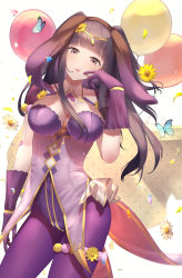 Rule 34 | 1girl, absurdres, animal ears, balloon, black hair, blunt bangs, breasts, bug, butterfly, cape, circlet, cleavage, cowboy shot, detached collar, fake animal ears, fire emblem, fire emblem awakening, fire emblem heroes, flower, gloves, hair flower, hair ornament, hand on own cheek, hand on own face, highres, insect, large breasts, leotard, looking at viewer, nintendo, official alternate costume, open mouth, pantyhose, parupome, playboy bunny, puffy short sleeves, puffy sleeves, purple eyes, purple gloves, purple leotard, purple pantyhose, rabbit ears, short sleeves, simple background, solo, strapless, strapless leotard, tharja (fire emblem), thigh strap, white background, wrist cuffs, yellow flower