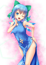 Rule 34 | 1girl, ;d, alternate costume, armpits, bad id, bad nicoseiga id, bare arms, bare legs, bare shoulders, blue dress, blue eyes, blue hair, blush, bow, breasts, china dress, chinese clothes, cirno, clothing cutout, contrapposto, cowboy shot, dress, green bow, hair bow, hand on own hip, highres, ice, ice wings, index finger raised, kirimori toya, looking at viewer, navel, navel cutout, no panties, one eye closed, open mouth, pelvic curtain, pink background, short hair, short sleeves, side slit, simple background, sleeveless, sleeveless dress, small breasts, smile, solo, standing, thighs, touhou, wings