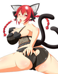 Rule 34 | 1girl, animal ears, artist request, ass, ass cutout, black bra, blush, bow, bra, braid, breasts, butt crack, cat ears, clothing cutout, curvy, fang, heart cutout, heavy breathing, highres, kaenbyou rin, large breasts, lingerie, looking at viewer, looking back, plump, pointy ears, red hair, steam, tail, thick thighs, thighs, tongue, tongue out, touhou, underwear