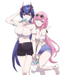 Rule 34 | 2girls, alternate costume, bag, bare legs, bare shoulders, barefoot, black shorts, blue eyes, breasts, cleavage, clothes writing, crop top, denim, denim shorts, elf, elysia (honkai impact), elysia (miss pink elf) (honkai impact), eyewear on head, food, food in mouth, hand on another&#039;s shoulder, heart, heart-shaped eyewear, hetare mizu, highres, holding, holding bag, honkai (series), honkai impact 3rd, horns, large breasts, legs, long hair, midriff, multiple girls, pink hair, pointy ears, popsicle, popsicle in mouth, purple hair, raiden mei, raiden mei (herrscher of thunder), red horns, shirt, shorts, simple background, standing, standing on one leg, sweat, tied shirt, tongue, tongue out, white background, white shirt, yuri