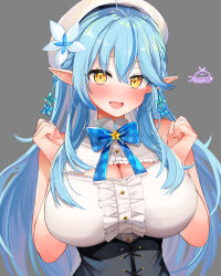 1girl ahoge blue_hair blush breasts cleavage elf festa11307070 grey_background hololive large_breasts pointy_ears shirt signature simple_background solo sweat upper_body virtual_youtuber white_shirt yellow_eyes yukihana_lamy