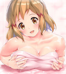 Rule 34 | 1girl, :d, amasora taichi, bad id, bad pixiv id, bare shoulders, blush, grabbing another&#039;s breast, breast rest, breasts, brown eyes, cleavage, collarbone, commentary request, female focus, grabbing, grabbing own breast, hair ornament, head tilt, highres, indoors, large breasts, light brown hair, lips, looking at viewer, lower teeth only, nail, naked towel, open mouth, pink towel, senki zesshou symphogear, shiny skin, short hair, smile, tachibana hibiki (symphogear), teeth, tile wall, tiles, towel, upper body, water, wet, wet hair, wet towel