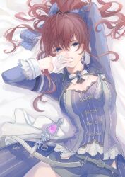 Rule 34 | 1girl, belt, blue dress, blue eyes, blue shorts, brooch, brown hair, cowboy shot, dress, finger in own mouth, gloves, hair ribbon, hair spread out, highres, ichinose shiki, idolmaster, idolmaster cinderella girls, jewelry, lace, lace-trimmed dress, lace trim, long hair, looking at viewer, lying, nininiwa2, on back, open mouth, ponytail, ribbon, short shorts, shorts, solo, white gloves