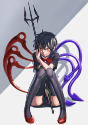 Rule 34 | 1girl, absurdres, asymmetrical wings, black dress, black hair, black thighhighs, blush, bow, bowtie, clip studio paint (medium), closed mouth, dress, drop shadow, eyebrows hidden by hair, hair between eyes, highres, holding, holding polearm, holding weapon, houjuu nue, kashiwagi (pixiv35005989), knees together feet apart, knees up, looking at viewer, polearm, red bow, red bowtie, red eyes, red footwear, short hair, short sleeves, sitting, smile, snake, solo, thighhighs, touhou, trident, weapon, wings