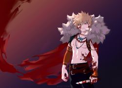 Rule 34 | 1boy, absurdres, bakugou katsuki, belt, blonde hair, blood, blood on face, blush, boku no hero academia, freckles, highres, jewelry, knife, looking at viewer, muscular, necklace, pants, red eyes, seoltang (nitro sugar), short hair, simple background, solo, spiked hair, twitter username