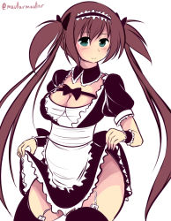 Rule 34 | 1girl, airi (queen&#039;s blade), airi (queen's blade), airi (the infernal temptress), apron, black thighhighs, blush, breasts, brown hair, cleavage, clothes lift, commentary, convenient censoring, green eyes, large breasts, long hair, maid, maid apron, maid headdress, maullarmaullar, no panties, puffy short sleeves, puffy sleeves, queen&#039;s blade, remote control vibrator, sex toy, short sleeves, skirt, skirt lift, solo, thighhighs, twintails, twitter username, two side up, vibrator, vibrator in thighhighs, waist apron, wrist cuffs