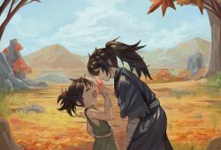 1boy 1girl :d autumn_leaves bandaged_arm bandages bare_shoulders black_hair blue_sky character_request check_character closed_eyes cloud commentary day dokomon dororo_(character) dororo_(tezuka) fang from_side hair_between_eyes highres holding holding_leaf hyakkimaru_(dororo) lake leaf leaning_forward maple_leaf open_mouth outdoors ponytail profile short_sleeves sky sleeveless smile tree water wide_sleeves