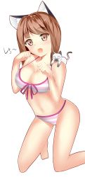 Rule 34 | 1girl, absurdres, animal, animal ears, bikini, blush, breasts, brown eyes, brown hair, cat, cat ears, cleavage, fang, female focus, freesha, highres, kneeling, long hair, looking at viewer, open mouth, original, paw pose, simple background, solo, straight hair, striped bikini, striped clothes, swimsuit, white background