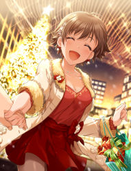Rule 34 | 1girl, ^ ^, ^o^, ahoge, backlighting, bad id, bad pixiv id, bag, bell, blurry, blurry background, blush, bow, breasts, brown hair, christmas tree, city, cleavage, closed eyes, coat, collarbone, cowboy shot, depth of field, dress, earrings, closed eyes, facing viewer, foreshortening, fur-trimmed sleeves, fur trim, glint, green bow, hair ornament, happy, holding hands, honda mio, idolmaster, idolmaster cinderella girls, jewelry, long sleeves, medium breasts, nail polish, necklace, open clothes, open coat, outdoors, pink nails, pov, red bow, red dress, sash, shopping bag, short hair, snowflake hair ornament, solo focus, standing, star (symbol), striped, striped bow, unbuttoned, white coat, winter clothes, winter coat, zattape